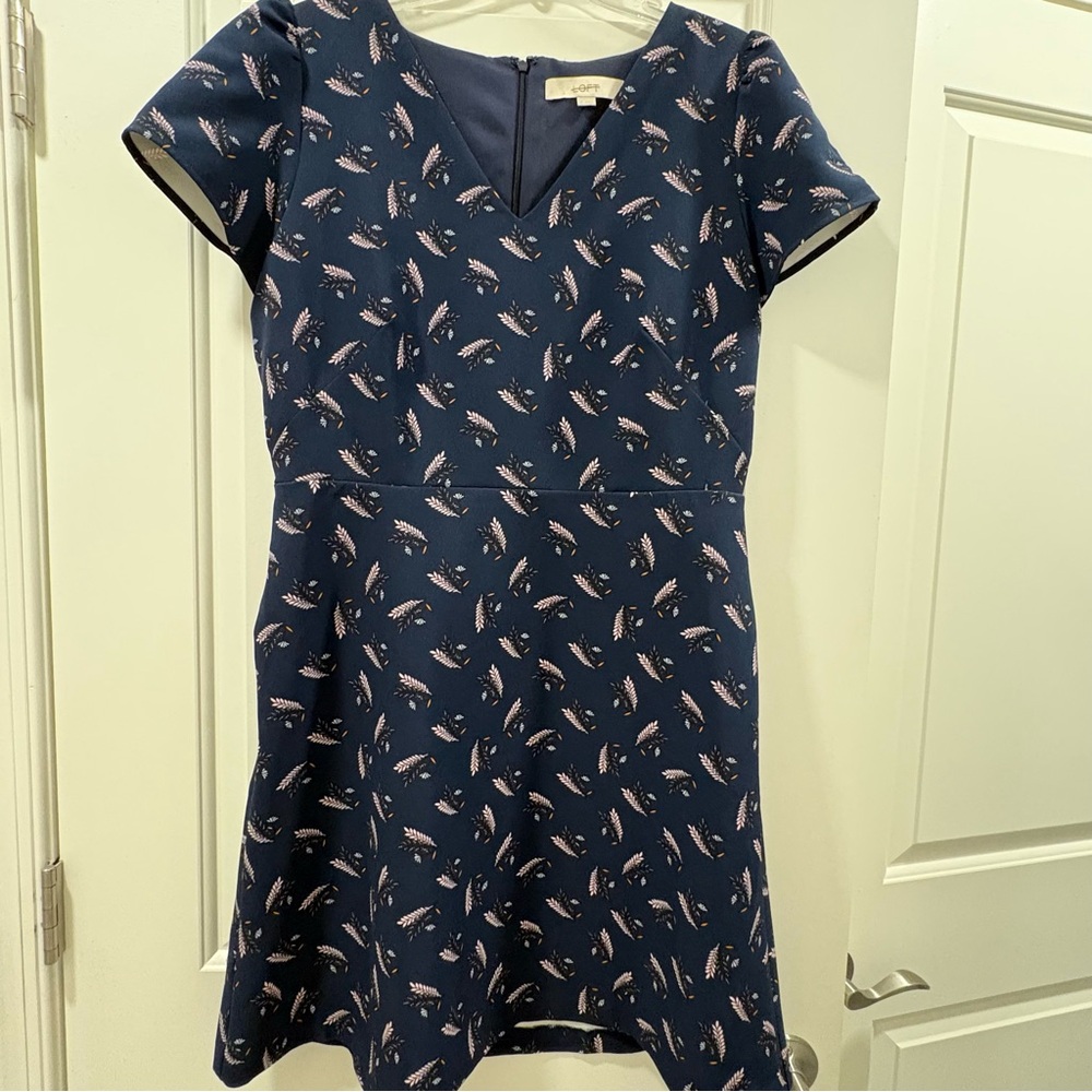 Loft Navy V-Neck Short Sleeve Fit-and-Flare Dress